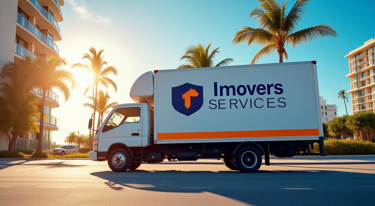 Imover Services truck parked on a sunny Florida street near palm trees