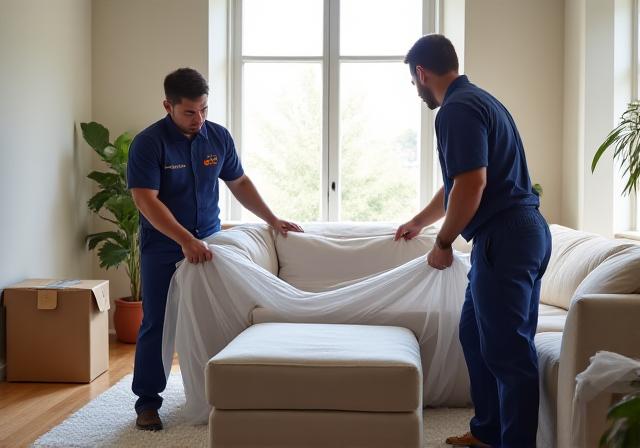 Movers wrapping a sofa in a living room